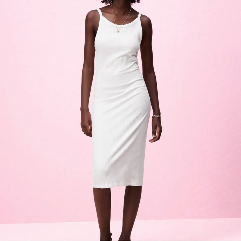 ZARA Ribbed Midi Dress White Medium